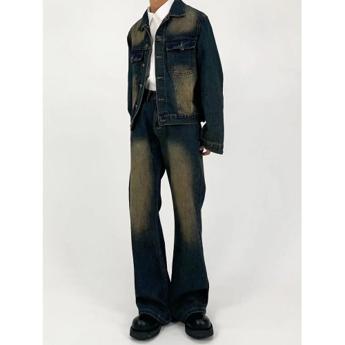 M7 美式復古Clean fit做舊牛仔外套洗水直筒寬鬆牛仔套裝微喇長褲