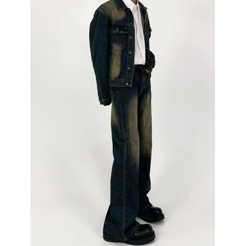 M7 美式復古Clean fit做舊牛仔外套洗水直筒寬鬆牛仔套裝微喇長褲