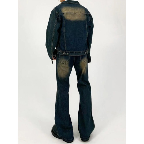 M7 美式復古Clean fit做舊牛仔外套洗水直筒寬鬆牛仔套裝微喇長褲