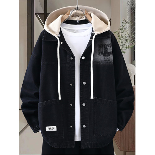 青少年大童牛仔外套男秋冬季加絨初高中學生帥氣加厚連帽夾克衫