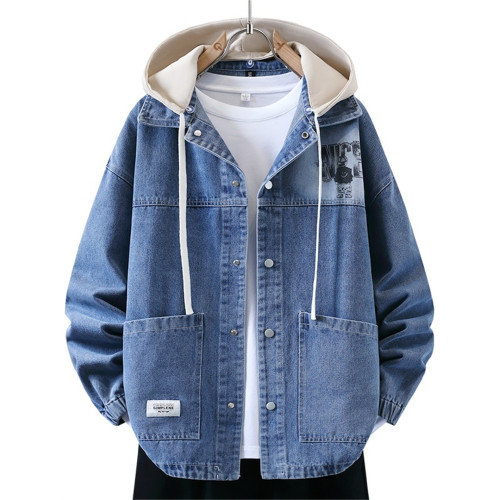 青少年大童牛仔外套男秋冬季加絨初高中學生帥氣加厚連帽夾克衫