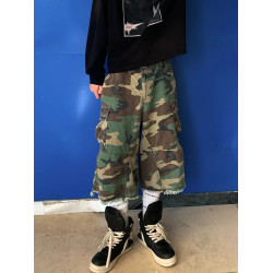 vintage街頭迷彩風格牛仔短褲男款夏季美式復古寬鬆濶腿七分褲子