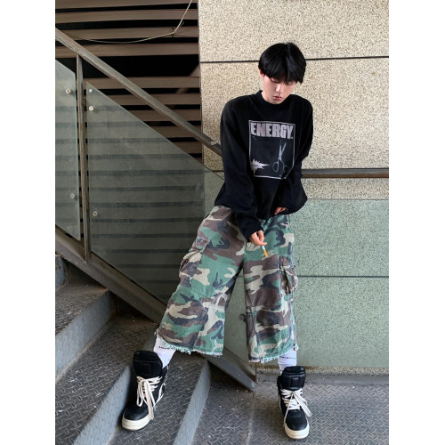 vintage街頭迷彩風格牛仔短褲男款夏季美式復古寬鬆濶腿七分褲子