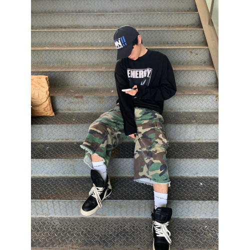 vintage街頭迷彩風格牛仔短褲男款夏季美式復古寬鬆濶腿七分褲子