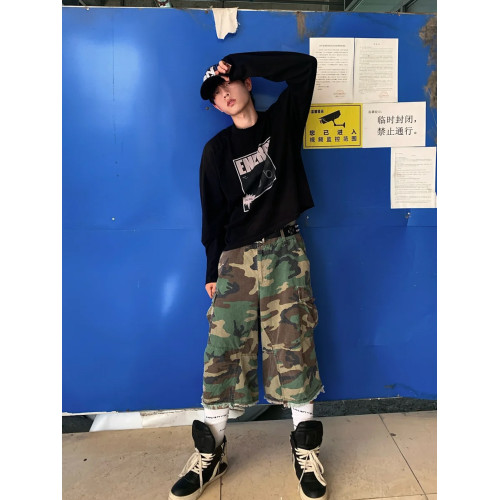 vintage街頭迷彩風格牛仔短褲男款夏季美式復古寬鬆濶腿七分褲子