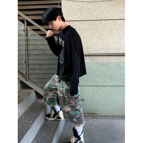 vintage街頭迷彩風格牛仔短褲男款夏季美式復古寬鬆濶腿七分褲子