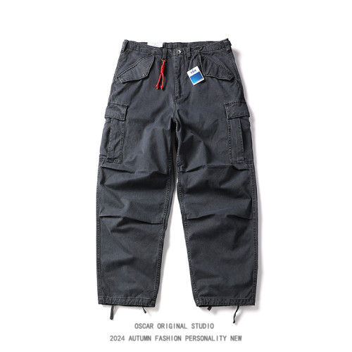 美式潮牌重工水洗直筒工裝褲男秋冬季大口袋寬鬆純棉束腳休閒長褲