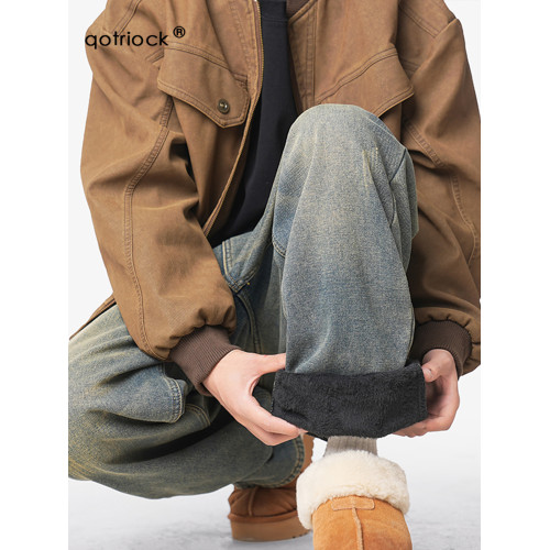 美式復古做舊加絨牛仔褲男女冬季潮水洗加厚直筒褲寬鬆保暖休閒褲