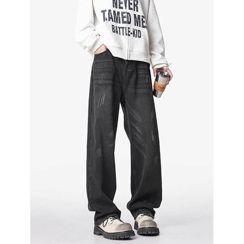 美式復古做舊加絨牛仔褲男女冬季潮水洗加厚直筒褲寬鬆保暖休閒褲