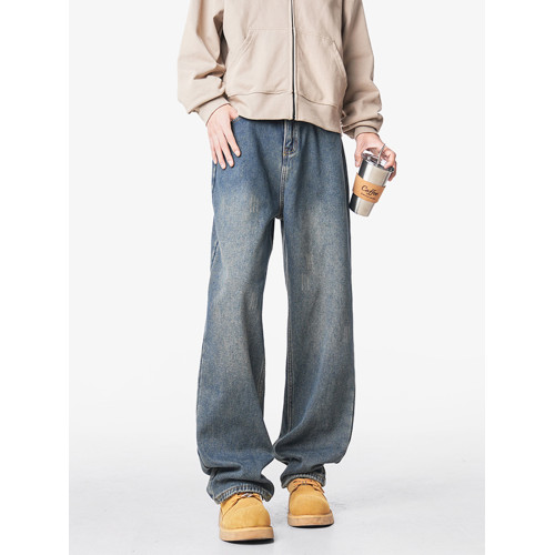 美式復古做舊加絨牛仔褲男女冬季潮水洗加厚直筒褲寬鬆保暖休閒褲