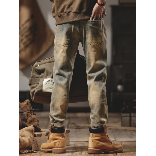 美式復古黃泥染牛仔褲男士秋冬2025新款彈力直筒加絨加厚休閒褲子