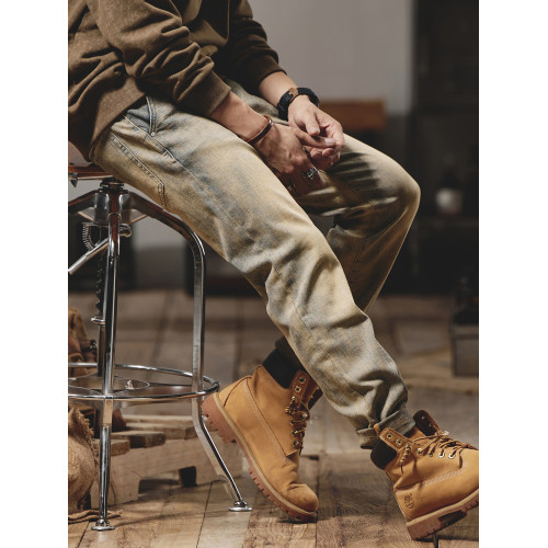 美式復古黃泥染牛仔褲男士秋冬2025新款彈力直筒加絨加厚休閒褲子