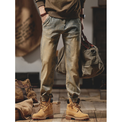 美式復古黃泥染牛仔褲男士秋冬2025新款彈力直筒加絨加厚休閒褲子