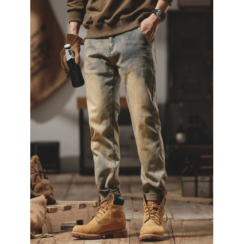 美式復古黃泥染牛仔褲男士秋冬2025新款彈力直筒加絨加厚休閒褲子