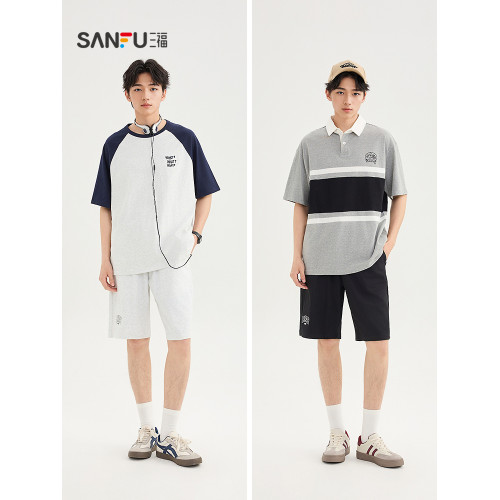 三福2025夏季男士針織休閒中褲時尚寬鬆橡筋腰短褲褲子男500032