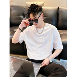 Oboy『滿天星亮片』潮牌小衆破洞設計短袖T恤男高級感休閒五分袖t