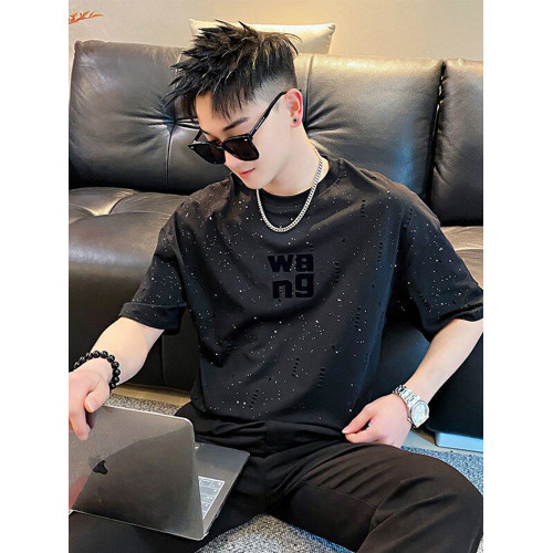 Oboy『滿天星亮片』潮牌小衆破洞設計短袖T恤男高級感休閒五分袖t