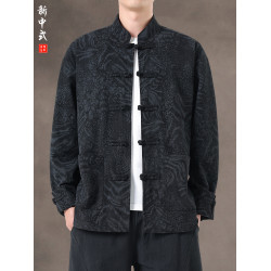 風秋冬暗紋提花唐裝外套國潮寬鬆大碼圓領盤釦中山裝茶服夾克