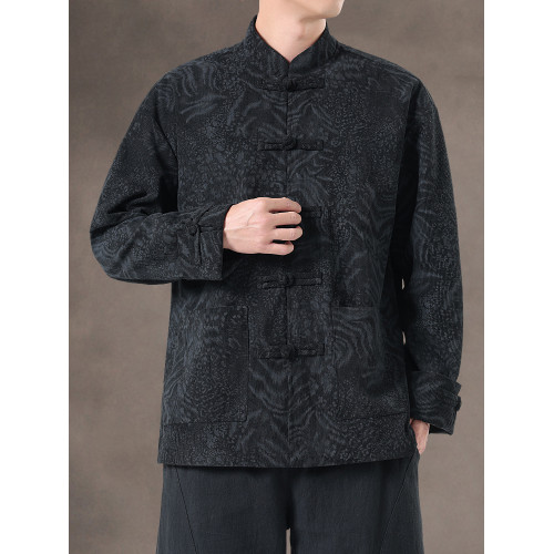 風秋冬暗紋提花唐裝外套國潮寬鬆大碼圓領盤釦中山裝茶服夾克