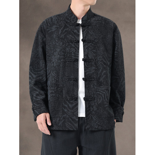 風秋冬暗紋提花唐裝外套國潮寬鬆大碼圓領盤釦中山裝茶服夾克