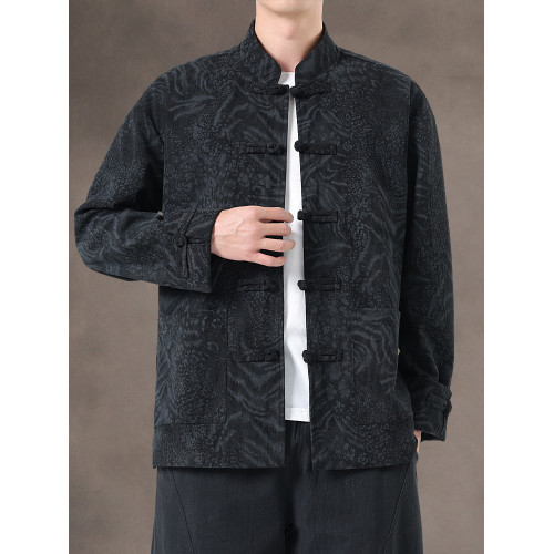 風秋冬暗紋提花唐裝外套國潮寬鬆大碼圓領盤釦中山裝茶服夾克