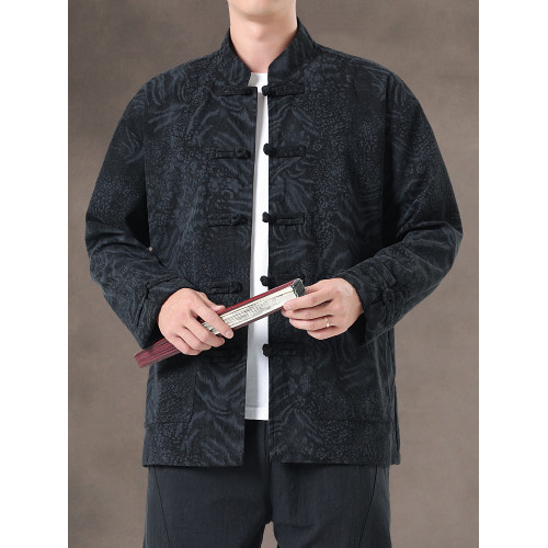 風秋冬暗紋提花唐裝外套國潮寬鬆大碼圓領盤釦中山裝茶服夾克