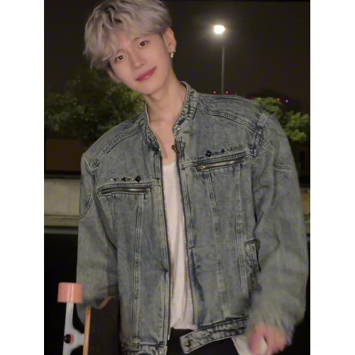 美式復古短款牛仔外套男高級感痞帥春秋cleanfit立領拉鍊墊肩夾克