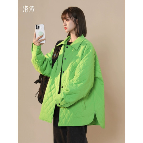 洛濃無性別秋冬菱形格薄棉衣男女寬鬆外套百搭時尚潮牌高街青少年