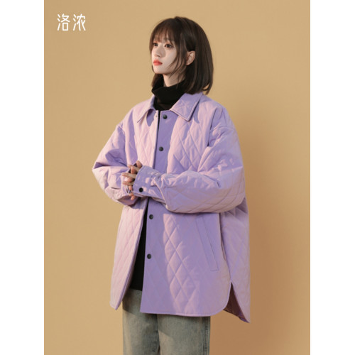 洛濃無性別秋冬菱形格薄棉衣男女寬鬆外套百搭時尚潮牌高街青少年