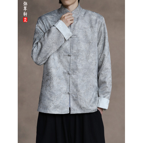 新中式復古風盤釦唐裝外套男立領提花休閒夾克寬鬆大碼高級感上衣