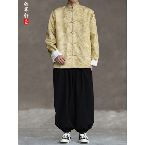 新中式復古風盤釦唐裝外套男立領提花休閒夾克寬鬆大碼高級感上衣