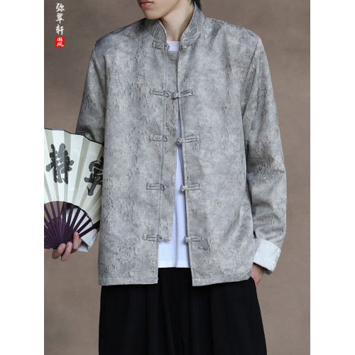 新中式復古風盤釦唐裝外套男立領提花休閒夾克寬鬆大碼高級感上衣