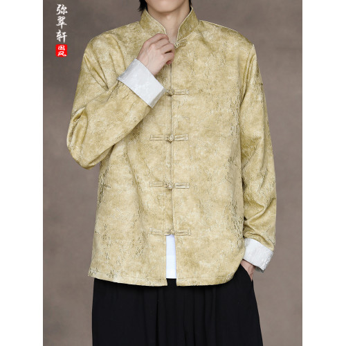 新中式復古風盤釦唐裝外套男立領提花休閒夾克寬鬆大碼高級感上衣