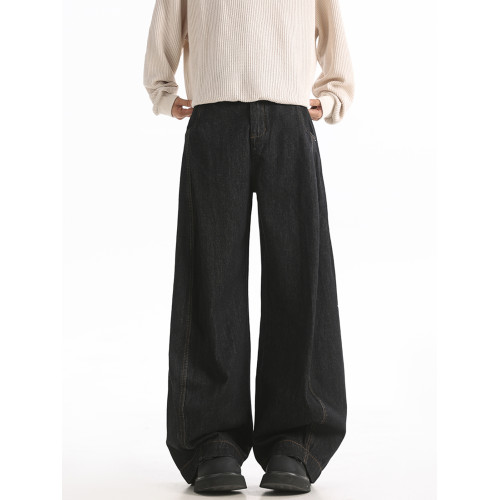 美式復古水洗丹甯黑彎刀牛仔褲男春季潮牌寬鬆cleanfit直筒濶腿褲