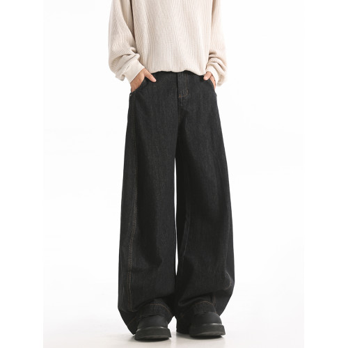 美式復古水洗丹甯黑彎刀牛仔褲男春季潮牌寬鬆cleanfit直筒濶腿褲