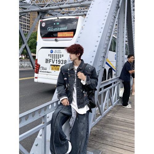 HANY復古重工水洗金屬徽章墊肩牛仔套裝男高級感做舊寬鬆夾克外套