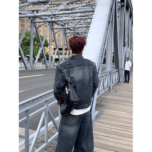 HANY復古重工水洗金屬徽章墊肩牛仔套裝男高級感做舊寬鬆夾克外套