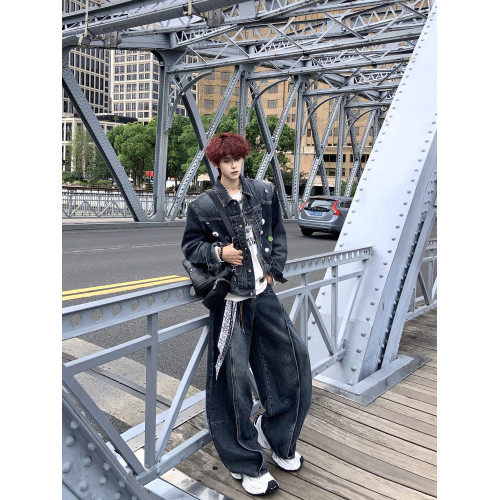 HANY復古重工水洗金屬徽章墊肩牛仔套裝男高級感做舊寬鬆夾克外套