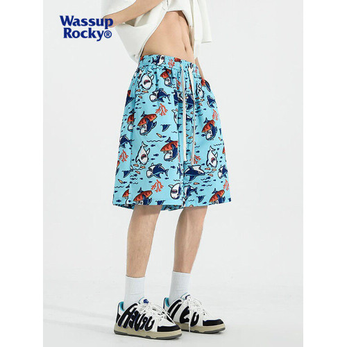 WASSUP滿印紥染冰絲沙灘短褲夏季薄款潮牌寬鬆休閒速乾情侶五分褲
