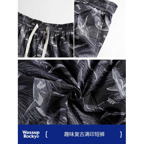 WASSUP滿印紥染冰絲沙灘短褲夏季薄款潮牌寬鬆休閒速乾情侶五分褲