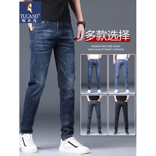 啄木鳥2025秋冬季新款牛仔褲男士厚款加絨彈力修身直筒百搭休閒褲