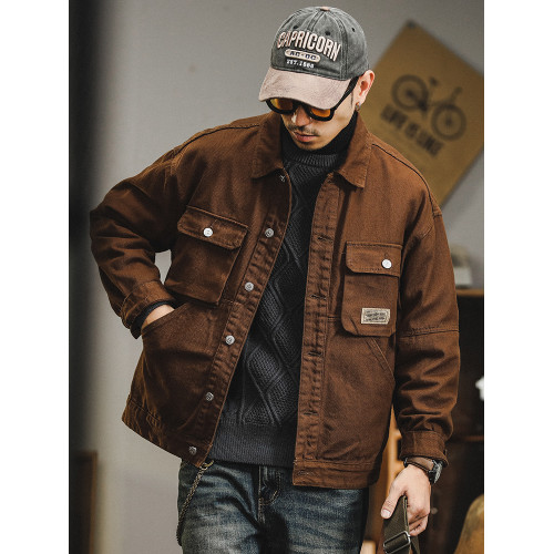 美式復古牛仔外套男款秋冬新款加絨繙領夾克男士多口袋工裝夾克衫