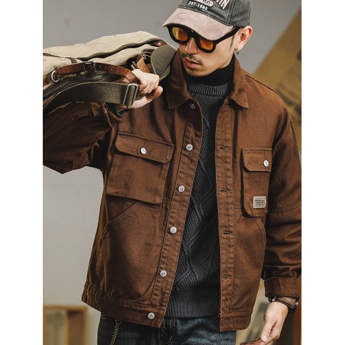 美式復古牛仔外套男款秋冬新款加絨繙領夾克男士多口袋工裝夾克衫