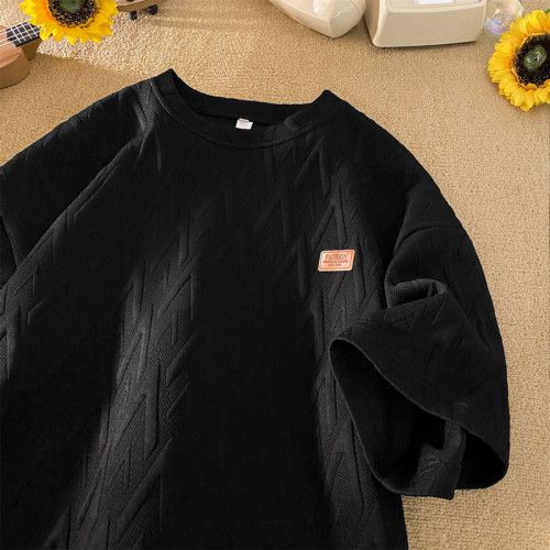 高級感復古提花圓領短袖T恤男美式潮牌重磅大碼寬鬆胖子半袖