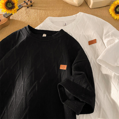 高級感復古提花圓領短袖T恤男美式潮牌重磅大碼寬鬆胖子半袖