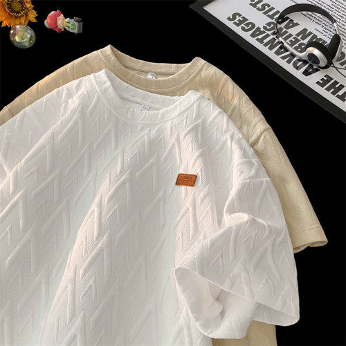 高級感復古提花圓領短袖T恤男美式潮牌重磅大碼寬鬆胖子半袖