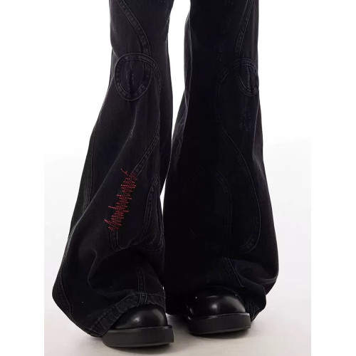 美式復古刺綉拼接亞比做舊微喇牛仔褲男女重工小衆拖地濶腿長褲子