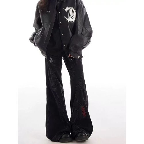 美式復古刺綉拼接亞比做舊微喇牛仔褲男女重工小衆拖地濶腿長褲子