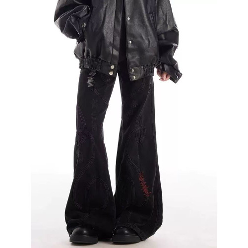 美式復古刺綉拼接亞比做舊微喇牛仔褲男女重工小衆拖地濶腿長褲子