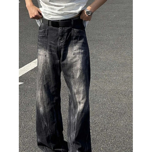 黑色閃電紋工裝牛仔褲男秋季美式高街紥染褲子直筒寬鬆彎刀微喇褲